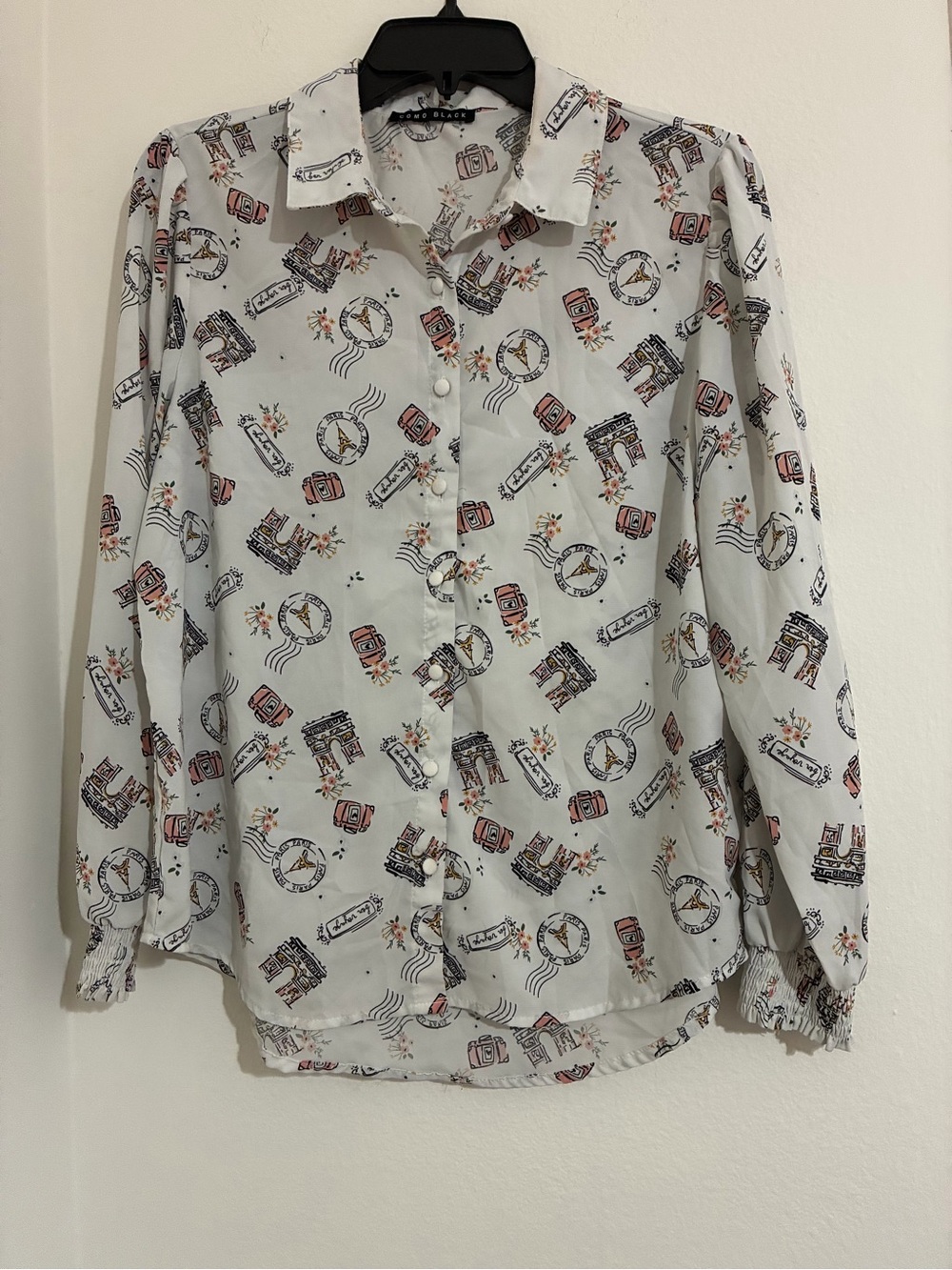 Light Gray Printed Button-Down Shirt with Travel Motif - Unknown Brand